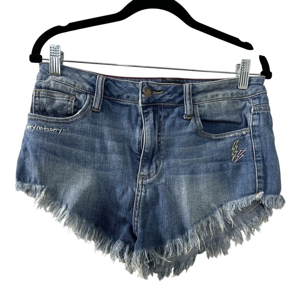 Fashion Nova Distressed Jean Shorts L Blue Embroidered Frayed Festival Grunge